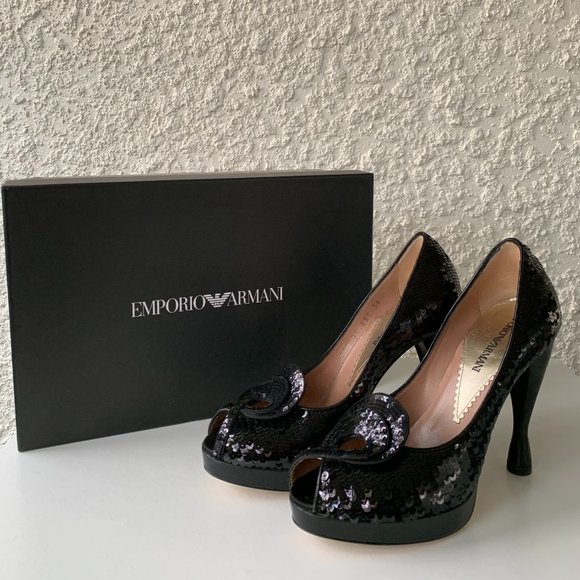EMPORIO ARMANI Pumps - US 6 (EU Size 36) Black Peep-Toes Sculptural Heels - Picture 1 of 8